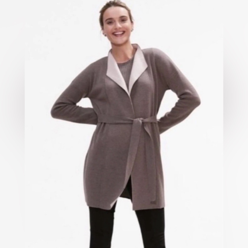 MM.LaFleur O’Keefe Taupe Vanilla Belted Open-Front Cardigan Wool Silk Cashmere